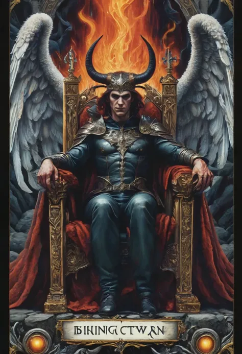 tarot card border, the devil, the devil has a pair of wings and sheep horns, sitting on a throne, binding a pair of human men an...