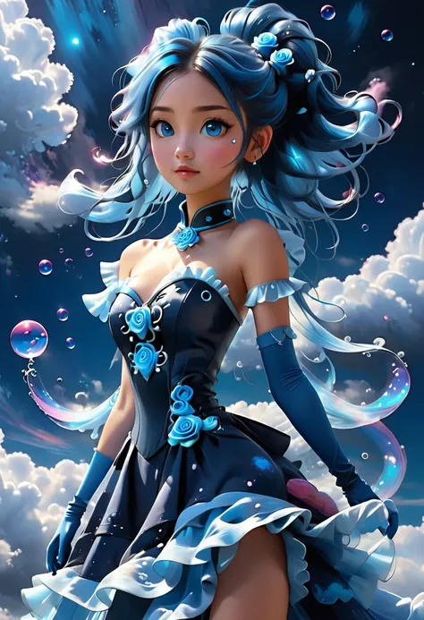 ((In front a Dreamy bubbly clouds and in luminating futuristic night sky)) A girl stands ((full body)) luminescent beauty, long spiralling blue twin ponytails on each side of head. Wears a blue strapless dress with bubble double layered Skirt, and frilly s...