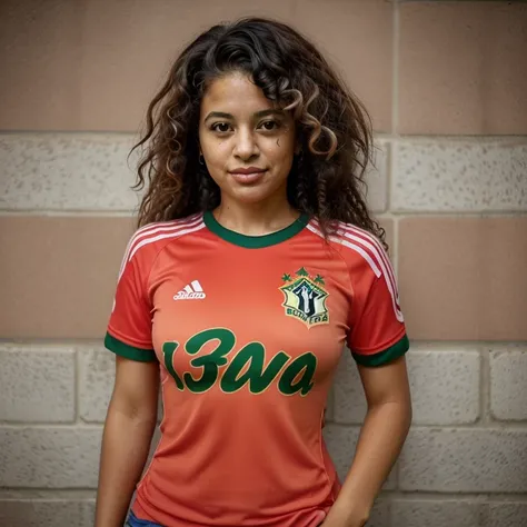 Brazilian woman with curly hair, 35 years old, beautiful, futebol shirt flamengo