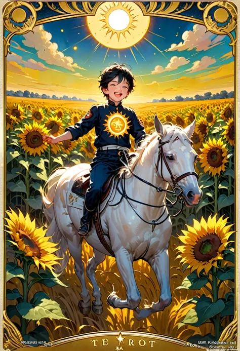 tarot card border, card of the sun, a little boy rides a white horse happily running in a golden wheat field, the sun shining br...