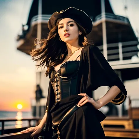 (highest quality、table top、8K、best image quality、software)、one female pirate、Female Pirate Captain、(Charming medieval european pirate costume:1.3)、(Inside the deep ship deck:1.5)、(Inside the huge and complex deck:1.5)、(huge wide deck:1.5)、(big black captai...