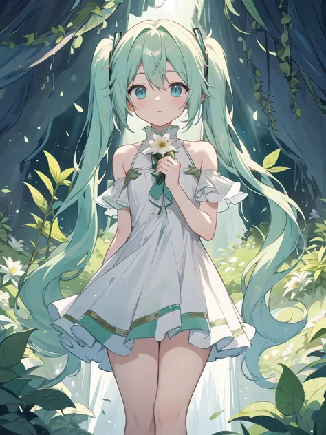 Inside a dark cave with an opening at the top, zenith lighting, A bright plant that gently illuminates its surroundings with a green hue, thick thighs, wide hips, 成熟したwoman, (dramatic light:1.3), 
woman, Hatsune Miku:1.2, alone, flashy cute green dress, fl...