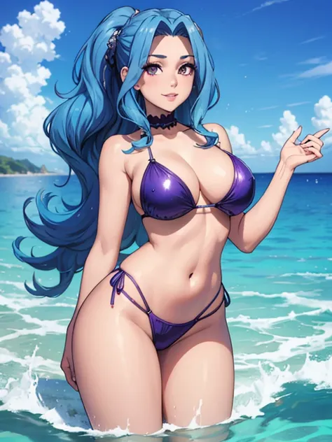 beautiful woman 22 years old light skin BLUE hair wavy updo, ojos violetas detallados brillantes pechos grandes bikini azul . sonrisa picara,  submerged in the ocean water drops on her body ocean bottom