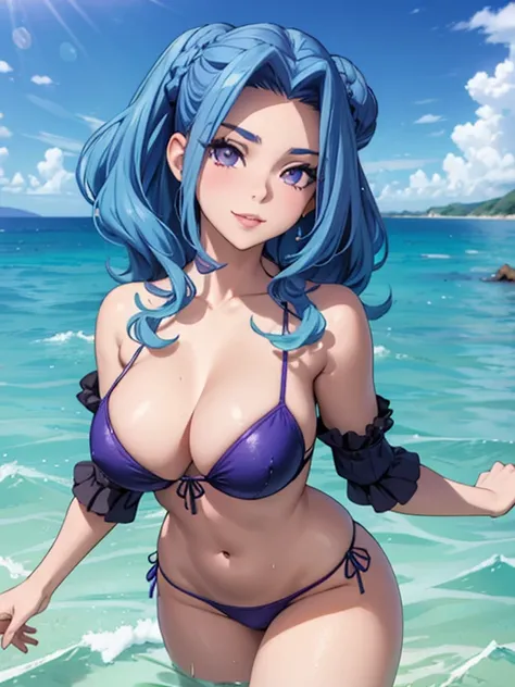 beautiful woman 22 years old light skin BLUE hair wavy updo, ojos violetas detallados brillantes pechos grandes bikini azul . sonrisa picara,  submerged in the ocean water drops on her body ocean bottom