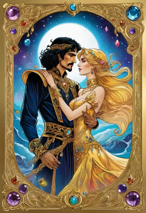 1couple, Tarot Cards, aesthetic, masterpiece, best quality, major arcana card, (lovers:1.5), tarot, in a gold card frame with precious stones, fantasy art, in the style of boris vallejo, beautiful, aesthetics, harmony, 1024k, sfw