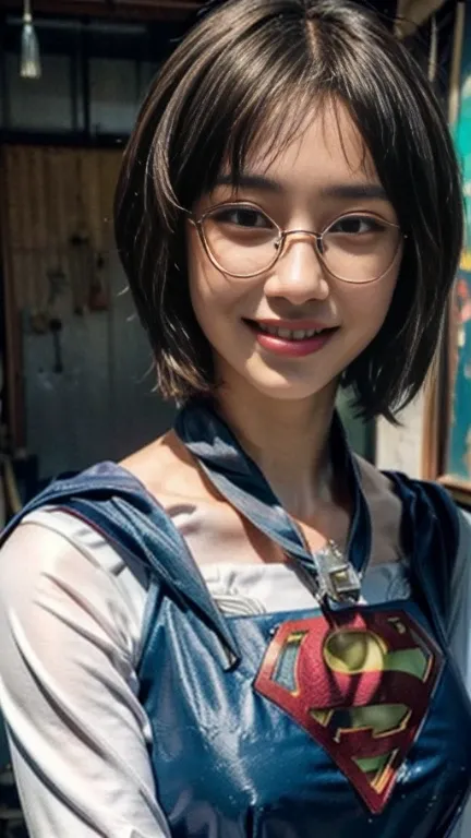 (((beauty in glasses, European appearance, in full height, in the artists clothes))) ((((Smiling)))), (((hair light, European Eye Shape))), Average Breasts, Short hair, Bob haircut, ((in the garage, Paints, Tassels, canvas, Unfinished paintings))), 8K, Bes...