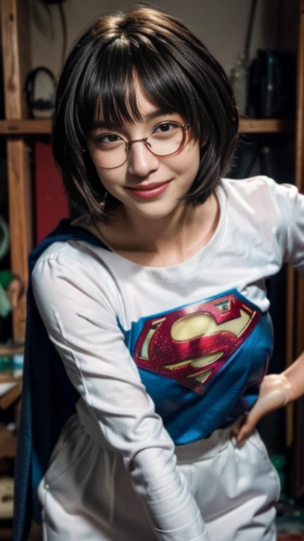 (((beauty in glasses, European appearance, in full height, in the artists clothes))) ((((Smiling)))), (((hair light, European Eye Shape))), Average Breasts, Short hair, Bob haircut, ((in the garage, Paints, Tassels, canvas, Unfinished paintings))), 8K, Bes...