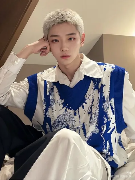 trimmed man with blue and white shirt and pants sitting on a bed, cai xukun, handsome androgynous prince, inspirado em Jeon Jungkook, jovem, inspirado em BTS, handsome chinese prince, Jinyoung Shin, Kim Doyoung, pintar ulzzang, Hong junho hyung, androgynou...