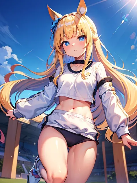 ((masterpiece))、highest quality、(Whole body wide angle)、Neo Universe(Umamusume)、(1 girl、solo)、(horse ears、Uma Musume)、beautiful blue eyes、No expression、(blonde long hair)、spread hair、((small breasts))、(((training wear)))、closed mouth、at the gym、Training Eq...