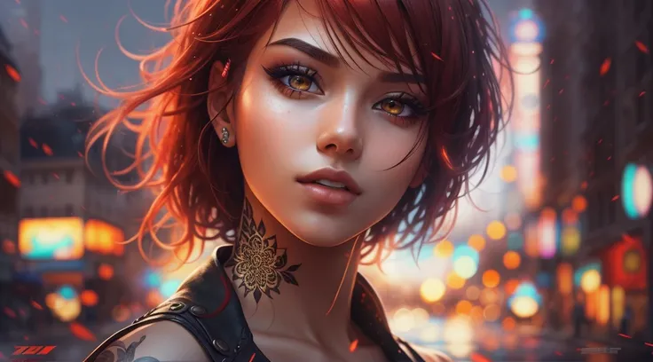 beautiful girl, half body portrait, short bright red disheveled hair, black eyeshadow, (street style wear:1.2), (city background:1.2), dark makeup, digital art, trending on artstation, highly detailed, fine detail, intricate,  beautiful detailed glow, deta...