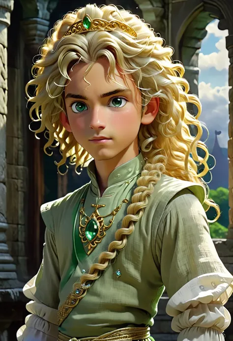 (From the window ancient old tower covered with silver gems)) Is a teenage girl with long, honey-blonde, single braid with curly strands of with gold haircombs and strands of curly hair over her forehead and ears, ((holds on to a prince with crytal tiara o...