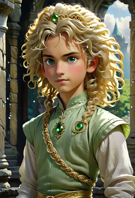 (From the window ancient old tower covered with silver gems)) Is a teenage girl with long, honey-blonde, single braid with curly strands of with gold haircombs and strands of curly hair over her forehead and ears, ((holds on to a prince with crytal tiara o...