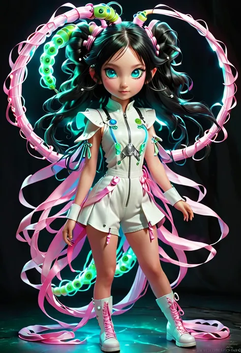 ((Full body ))dynamic lighting hyperdetailed intricately Engine((by a green glowing caterpillar)) Is a girl with blue eyes, black long hair, short twin pontails sticks out at the side of head tied with long thin pink ribbons, wearing a cute white leather r...