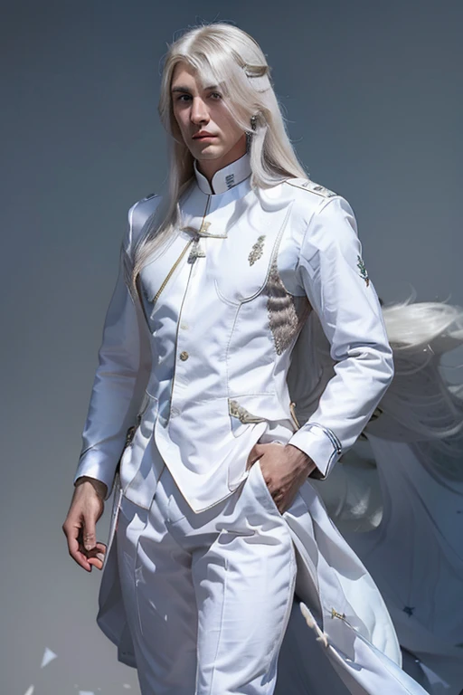 male 30 years old long white hair in white silver and blue royal calvary uniform