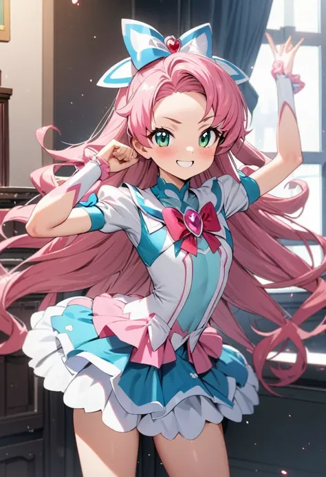 masterpiece, best quality, ultra-detailed, 1girl, 13 years old, precure, cure grace, pink hair, long hair, smile, active pose