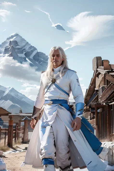 male 30 years old long white hair in white silver and blue royal calvary uniform book cover with giant throwing mountain in the background