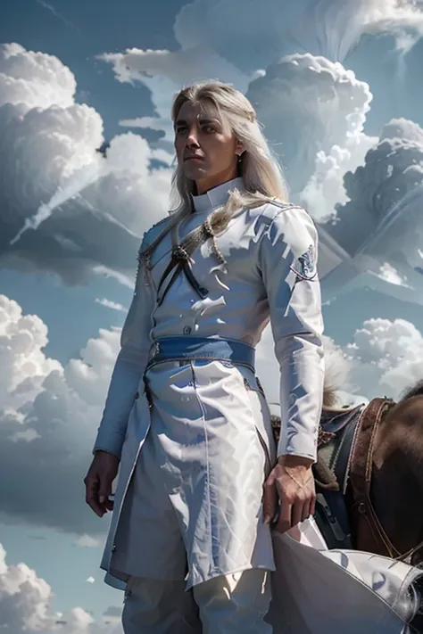 male 30 years old long white hair in white silver and blue royal calvary uniform with a storm cloud  in the background