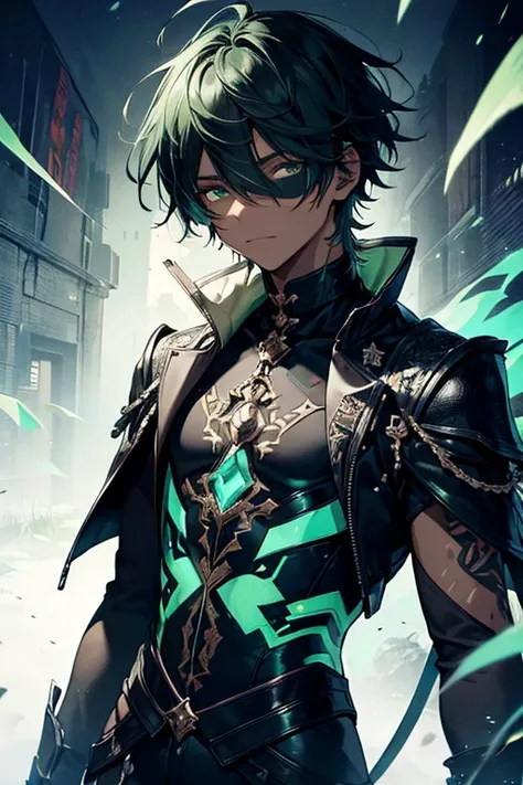 1boy, male, Black skin, intense colors, detailed facial features, mystical atmosphere, fantasy setting, intricate clothing design, intricate armor design, divine presence, Black and green hair, Godly aura, Celestial. wearing a green jacket with a black whi...