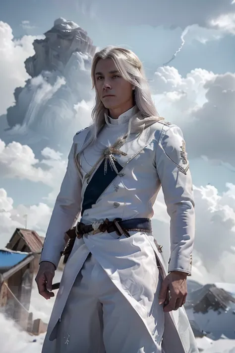 male 30 years old long white hair in white silver and blue royal calvary uniform with a storm cloud over a mountain in the background