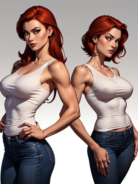   personagem Mary Jane Whatson Cararolpas.  Dynamic heroine pose Women&#39;s jeans and white tank top gender Female Height 5&#39;11"
Peso
135 libras (61 kg)
Brown eyes Red hair well shaped symmetrical breasts 