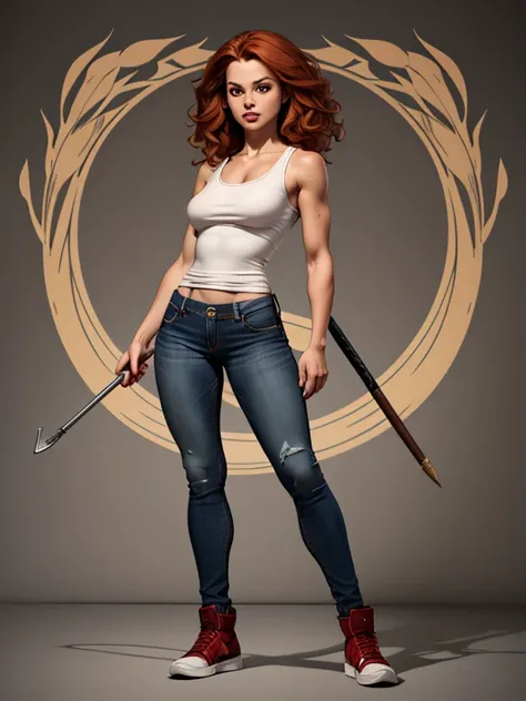   character Hermione Granger Dynamic heroine pose Women&#39;s jeans and white tank top Gender Female Height 5&#39;11"
Peso
135 libras (61 kg)
Brown eyes Red hair well shaped symmetrical breasts 