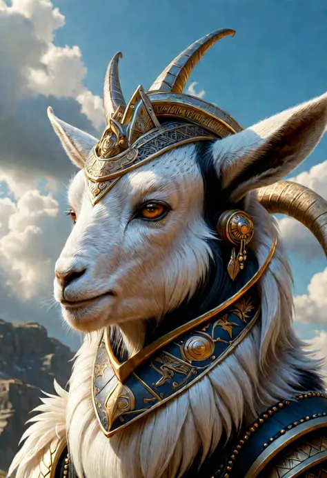 close-up of a goat with a horned headdress against the sky, furry fantasy art, wonderful, by kelenbeit, awarded at cgsociety, fu...