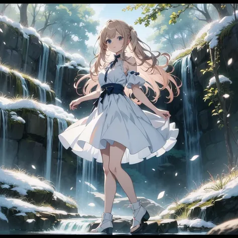 anime girl in white dress standing in front of waterfall, anime style 4 k, 4k anime wallpaper, anime wallpaper 4 k, anime wallpaper 4k, anime wallaper, hd anime wallaper, anime art wallpaper 8 k, high quality anime artstyle, anime girl walking on water, of...