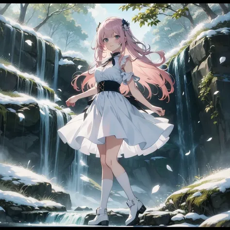 anime girl in white dress standing in front of waterfall, anime style 4 k, 4k anime wallpaper, anime wallpaper 4 k, anime wallpaper 4k, anime wallaper, hd anime wallaper, anime art wallpaper 8 k, high quality anime artstyle, anime girl walking on water, of...