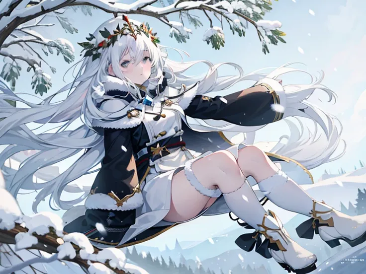 anime girl sitting on a swing in the snow, white haired deity, goddess of winter, white hair floating in air, queen of winter, trending on artstation pixiv, in the snow, relaxed dwarf with white hair, official artwork, in snow, winter concept art, winter p...