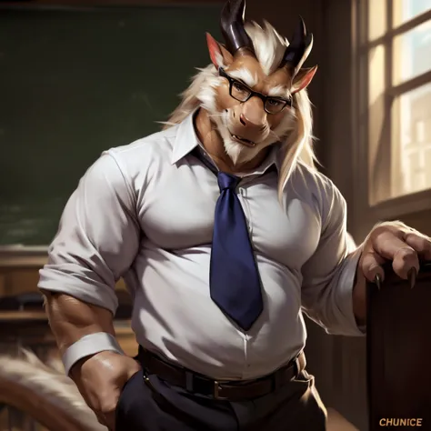 eastern dragon, male, solo, horn, tail, wearing teacher outfit, claws, scales, wearing eye glasses, classroom background, hands ...