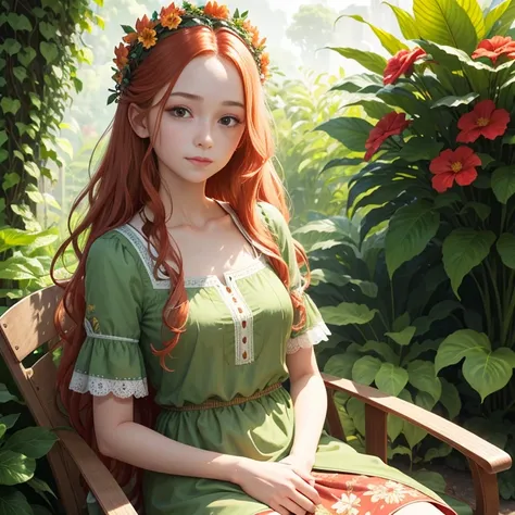 In the image, there is a young woman with long, wavy red hair. She is wearing a green top with a floral embroidery on the chest. The woman has a gentle expression on her face and is looking directly at the camera. She is adorned with a small floral crown o...