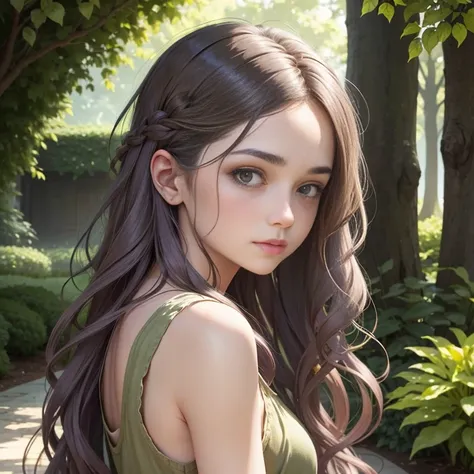 n the image, there is a young woman with long, wavy hair that transitions from a dark root color to a lighter purple at the ends. She has a fair complexion and is wearing a sleeveless, olive green top. The woman is looking directly at the camera with a gen...