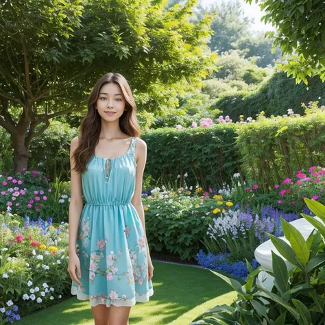 n the image, we see a young woman with striking blue eyes and long, wavy brown hair. She is wearing a sleeveless dress with a vibrant green and blue floral pattern, which complements the natural setting around her. The dress has a V-neckline and appears to...