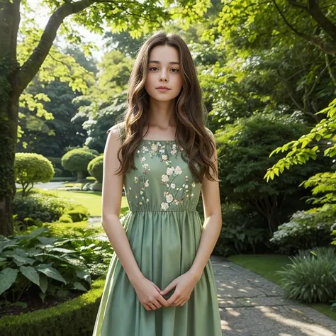 In the image, a young woman with long, wavy brown hair is the central figure. She is standing in a serene garden setting, with lush greenery and trees forming a natural backdrop. The woman is wearing a sleeveless, green dress that features a floral pattern...