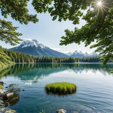 The image captures a serene landscape where the tranquil waters of a lake mirror the surrounding nature. The lake, with its calm surface, perfectly reflects the verdant trees and the majestic mountain in the background. The mountain, adorned with patches o...