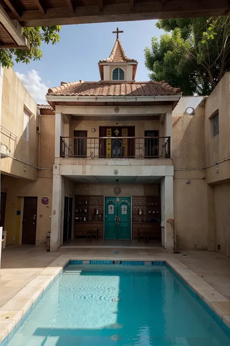 Genera un Burgerking con una piscina, una pelota de voleibol y una iglesia 