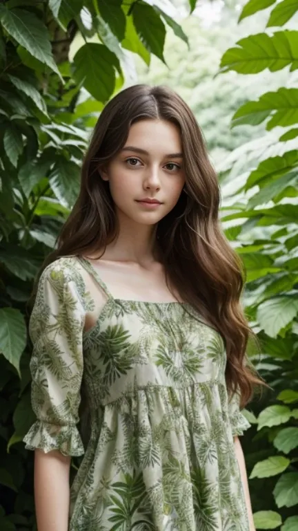 In the image, there is a young woman with striking green eyes and long, wavy brown hair. She is wearing a green top with a leaf-like pattern that blends harmoniously with the surrounding greenery. The background is lush with various shades of green foliage...