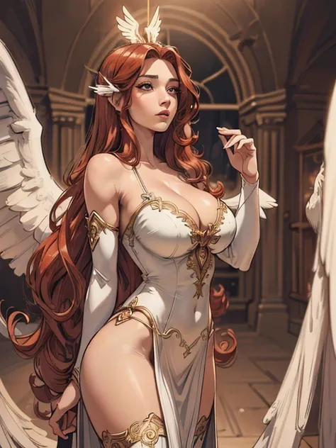 (best quality,8k:1.2,high resolution:1.2),ultra-detalhado,Realistic,vintage godess female,long red curly hair,rosto extremamente detalhados,long eyelashes,big angel wings,soft white dress,cleavage,suntan tights,metalic accessories,Physically-based renderin...