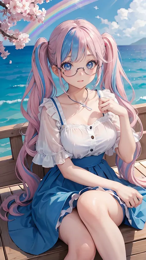 (masterpiece:1.2), (highest quality:1.2),, Curvy but slender body, perfect eyes, perfect face, perfect lighting, 1 girl,(rainbow colored hair, colorful hair, Half blue、half pink hair: 1.2),  cherry blossoms、 Glasses、（Cute floral shirt），（whole bodyが見える），spr...