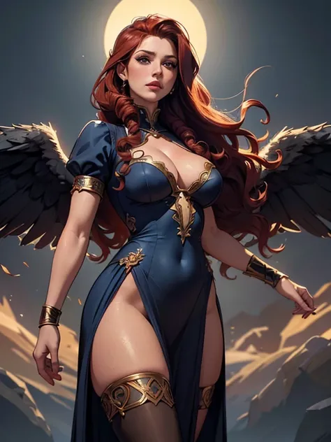 (best quality,8k:1.2,high resolution:1.2),ultra-detalhado,Realistic,vintage godess female,long red curly hair,rosto extremamente detalhados,long eyelashes,big angel wings,soft dark blue dress,cleavage,suntan tights,metalic accessories,Physically-based rend...