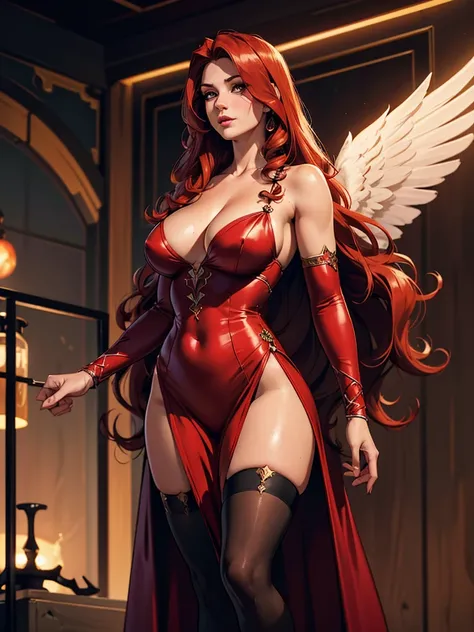 (best quality,8k:1.2,high resolution:1.2),ultra-detalhado,Realistic,vintage godess female,long red curly hair,rosto extremamente detalhados,long eyelashes,big angel wings,soft dark red dress,cleavage,suntan tights,metalic accessories,Physically-based rende...