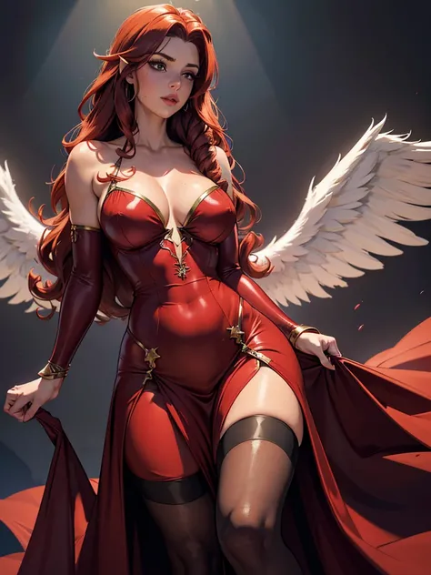 (best quality,8k:1.2,high resolution:1.2),ultra-detalhado,Realistic,vintage godess female,long red curly hair,rosto extremamente detalhados,long eyelashes,big angel wings,soft dark red dress,cleavage,suntan tights,metalic accessories,Physically-based rende...