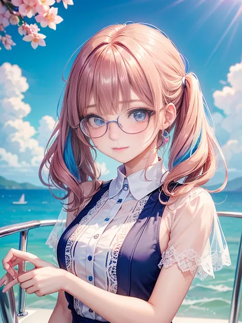 (masterpiece:1.2), (highest quality:1.2),, Curvy but slender body, perfect eyes, perfect face, perfect lighting, 1 girl,(rainbow colored hair, colorful hair, Half blue、half pink hair: 1.2),  cherry blossoms、 Glasses、（Cute floral shirt），（whole bodyが見える），（pa...