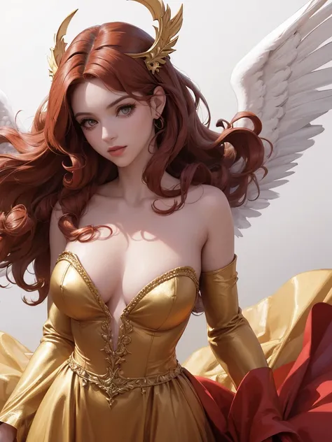 (best quality,8k:1.2,high resolution:1.2),ultra-detalhado,Realistic,vintage godess female,long red curly hair,rosto extremamente detalhados,long eyelashes,big angel wings,soft dark red dress with gold details,cleavage,suntan pantyhose,metalic accessories,P...