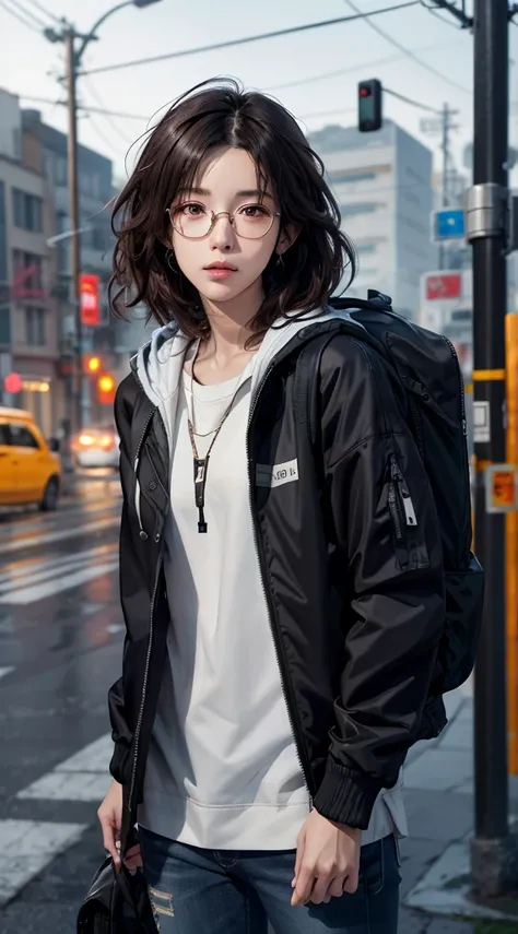 1 girl, Jacket, Glasses, rain, outdoor, hoodie, open Jacket, Lock, Backpack, looking at something else, messy hair, Trending with ArtStation, 8K resolution, very detailed, anatomically correct, clear image, digital painting, concept art, It&#39;s trending ...