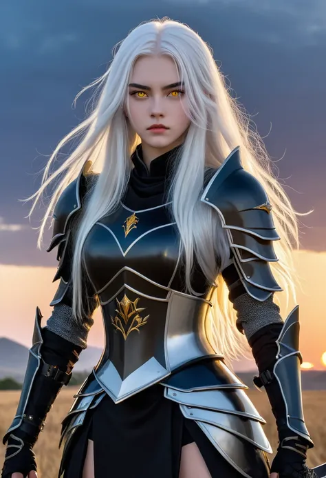 18 year old girl with long white hair yellow eyes wearing light black armor and two short swords in front of a beautiful plain at dusk