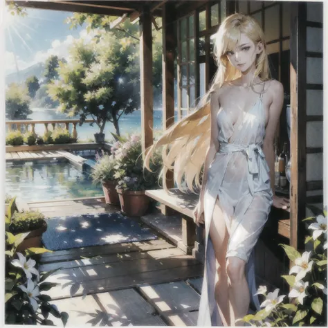 An exquisite slender girl of 16 years old with a perfect face with blond long hair in the rays of the rising sun, naked with tender breasts with pink nipples, barefoot on the veranda in the garden, drinking coffee and looking at the flowers, in watercolor ...