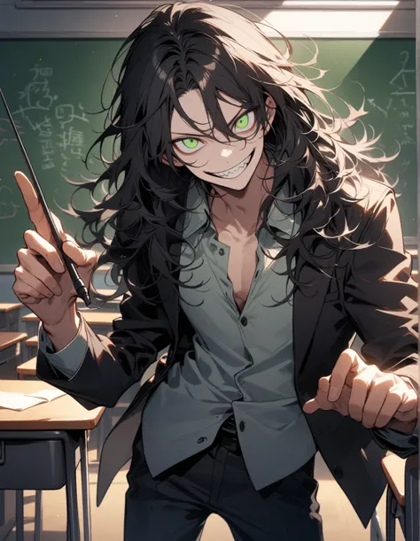  guy, looking at the viewer, green eyes, black hair, disheveled hair, long hair with bangs, dressed in a black unbuttoned jacket and black pants, crazy look, manic smile, standing in the classroom, teacher, near the blackboard, holding a pointer, gentle to...