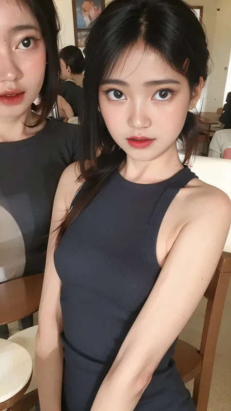 innocent face, (((realisitic)))a picture, ​masterpiece, top-quality, 1girl in, a slender waist, top-quality, pale-skinned, black...