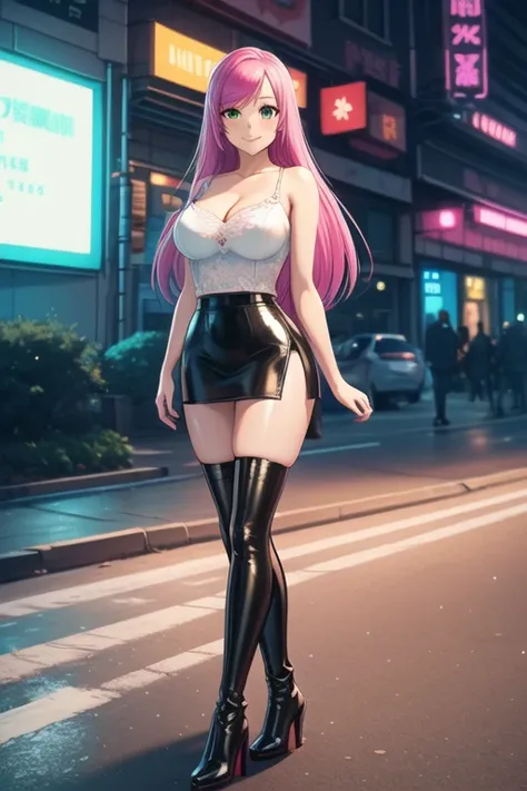 1 girl, 19 years old, Long pink hair, green eyes with slit pupils, master-piece, best quality, (standing up), (white lace camisole top, black leather pencil skirt, patent leather high heel boots, cleavage),  (Big , ultra gigantic , Super super big, Glamoro...